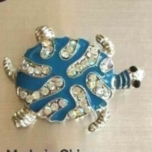 Silver Aqua Crystal Sea Turtle Pin Brooch Blue